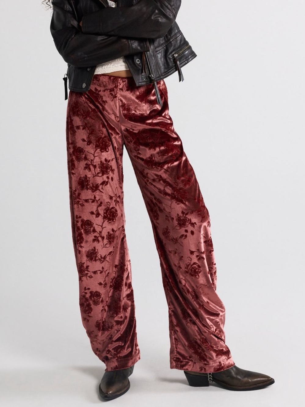 Free People Radiance Velvet Pull On Pants Large Henna Red Rose Gold NWT Floral
